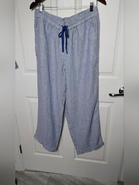 Talbots 100% Linen Blue and White Striped Elastic‎ Waist Pants NWT Size LP